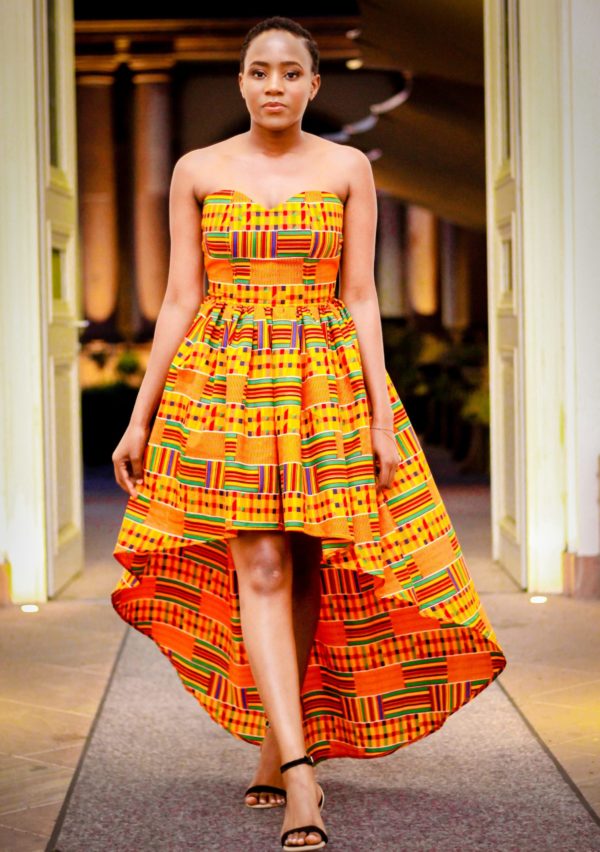 Strapless High-Low Kente Print Dress in Orange Color and High Quality ...